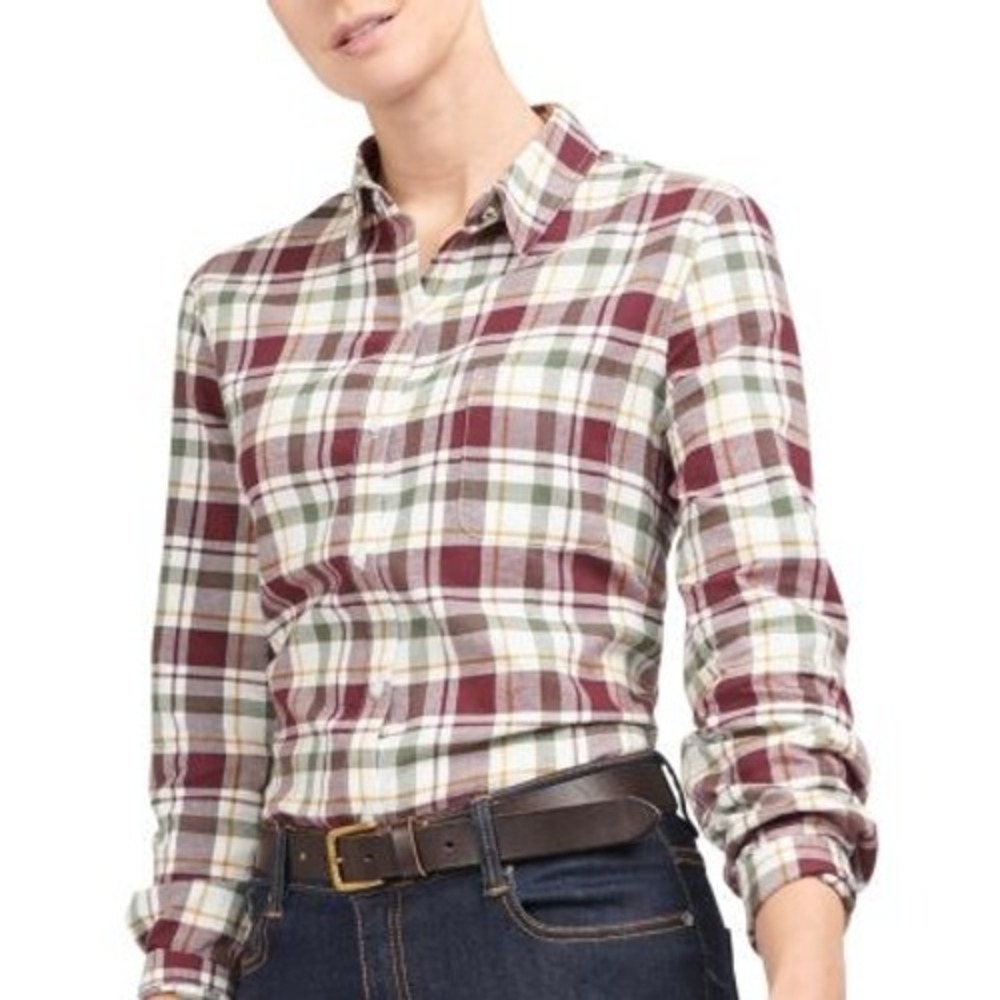 Barbour Kingham Shirt Women Size‎ 14 Burgundy Plaid Modern Fit Preppy Equestrian